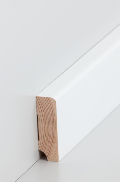 Holz Sockelleiste Kiefer deckend weiß RAL 9016 lackiert Oberkante abgerundet 19 x 60 mm
